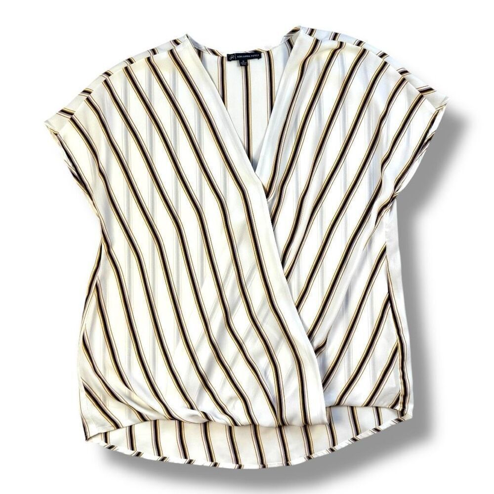 Adrianna Papell Cream Striped V-Neck Wrap Blouse Sz M